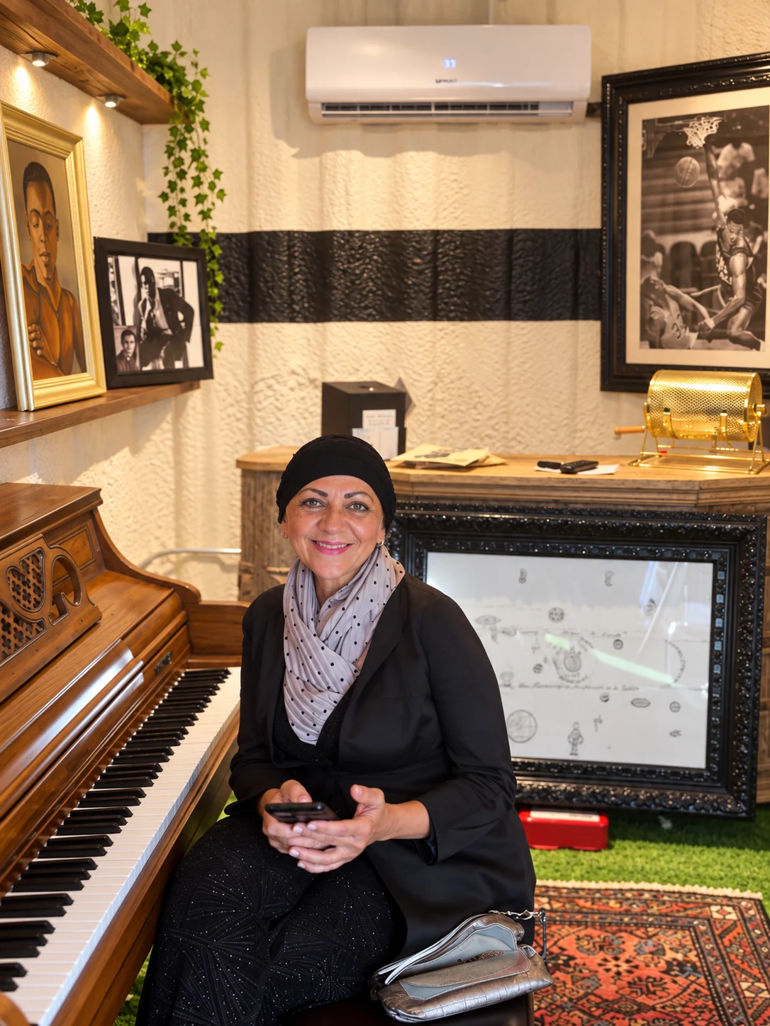 Summer Gala guest seated beside the piano inside Big Prayer Museum