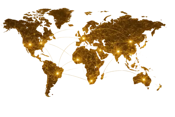 Stylized globe with golden continents, connection arcs, and location markers.