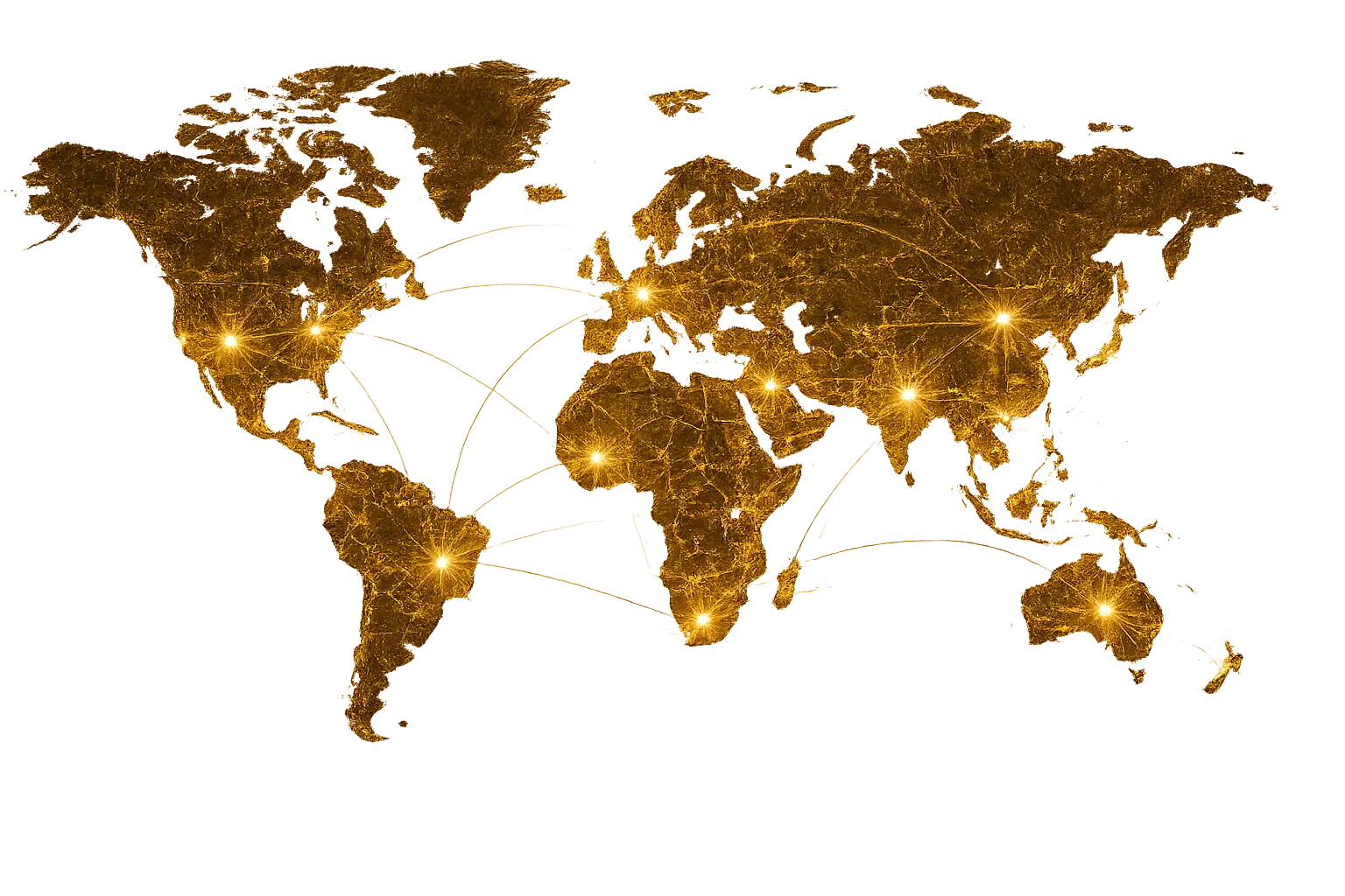Stylized globe with golden continents, connection arcs, and location markers.